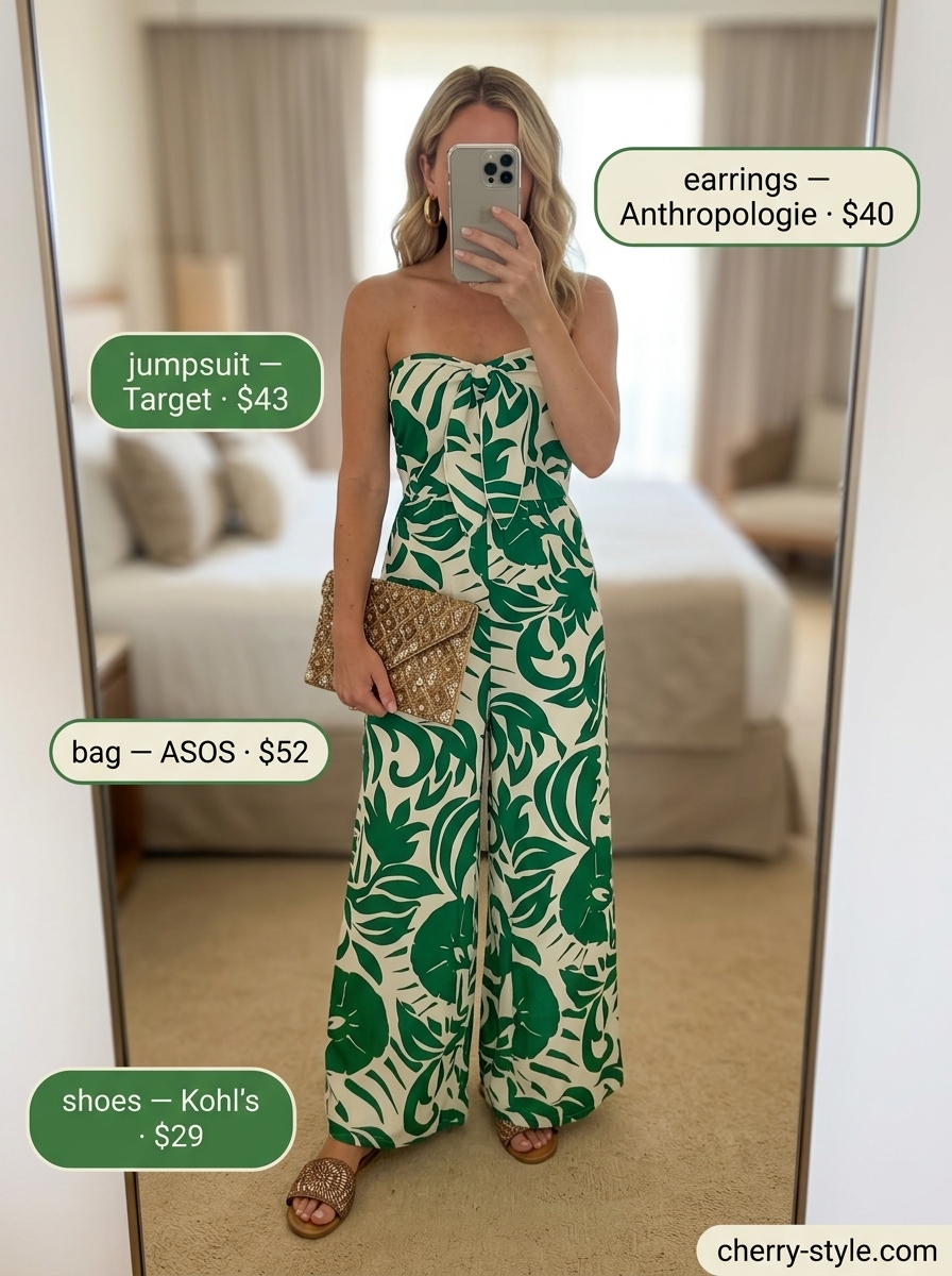 Bold strapless summer jumpsuit outfits for women 2026: Tropical print jumpsuit with gold sandals and hoop earrings for vacations.