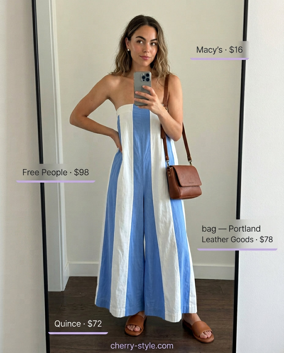 Comfortable strapless summer jumpsuit outfits for women 2026: Navy striped knit jumpsuit with tan slides and crossbody bag for weekends.