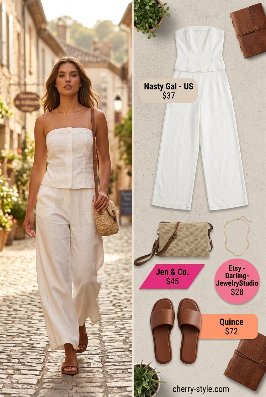 Modern white linen strapless summer jumpsuit outfit for women 2026, for daytime chic.