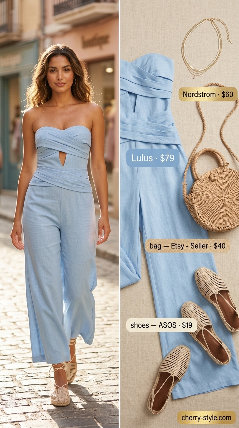 Azure Coastline Elegance: Sky blue strapless linen jumpsuit, straw bag, gold necklaces for resort dinners 2026.