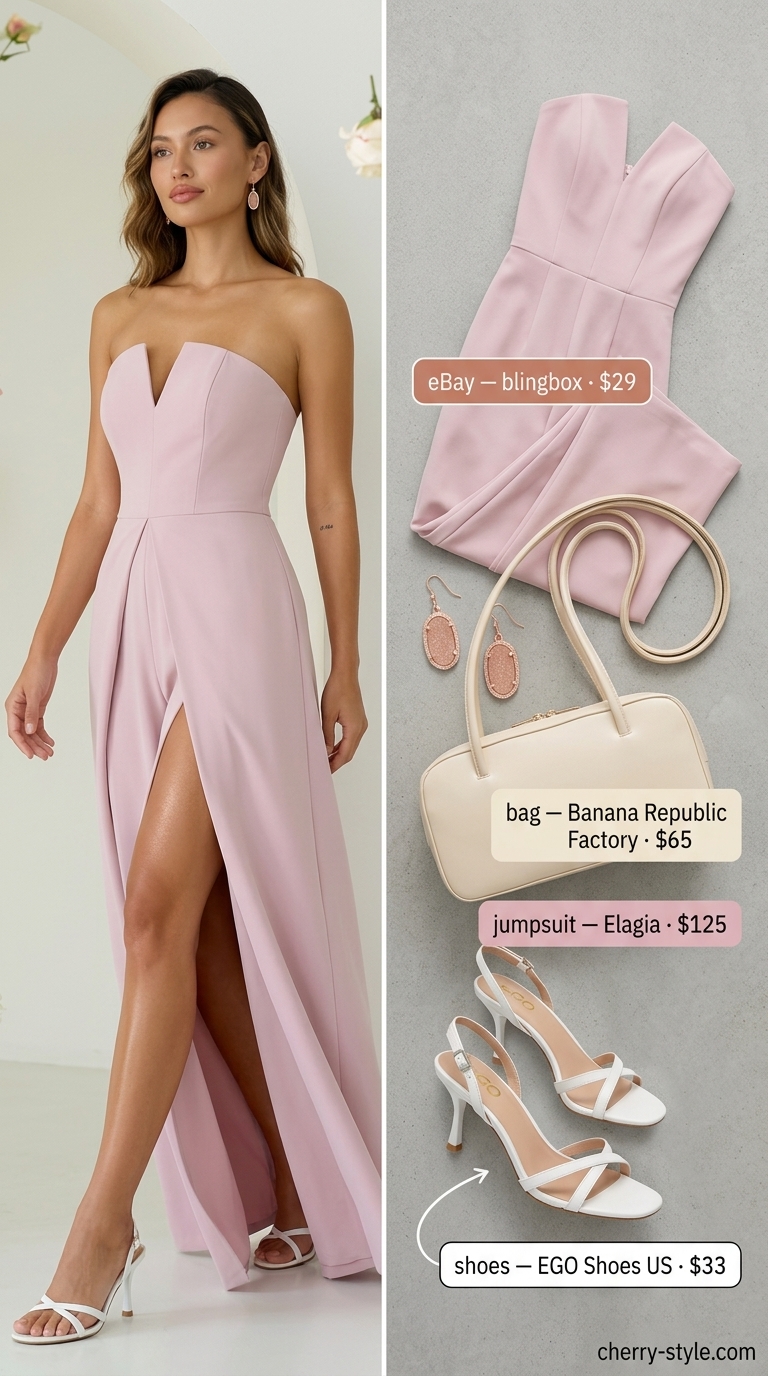 Blush Hour Elegance: Soft blush strapless linen jumpsuit, rose gold earrings, cream mules for evening dates 2026.
