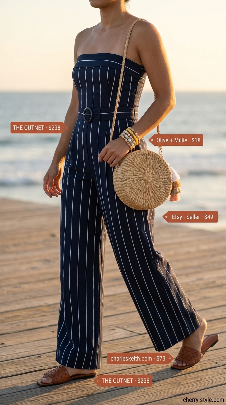 Navy and white striped strapless linen jumpsuit for a boho look, paired with leather slides, straw crossbody bag, and beaded bracelets.