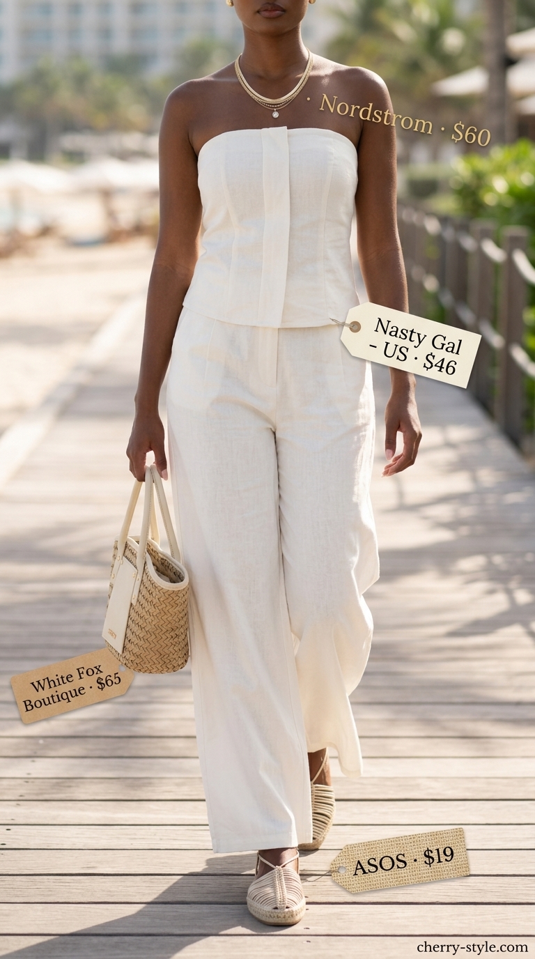 Cream strapless wide-leg linen jumpsuit for resort wear, accessorized with tan espadrilles, straw tote, and layered gold necklaces.