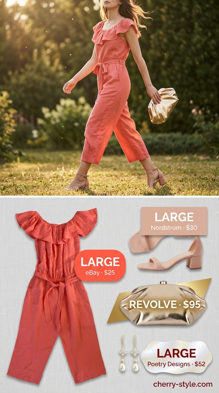 Coral pink strapless linen jumpsuit with ruffled top, styled with nude block heels and gold drop earrings for a garden party.