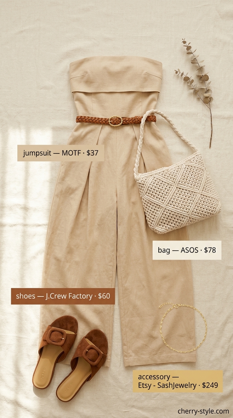 Sand beige strapless summer linen jumpsuit for a sunset picnic, paired with suede slides and a macrame bag. Effortless style.