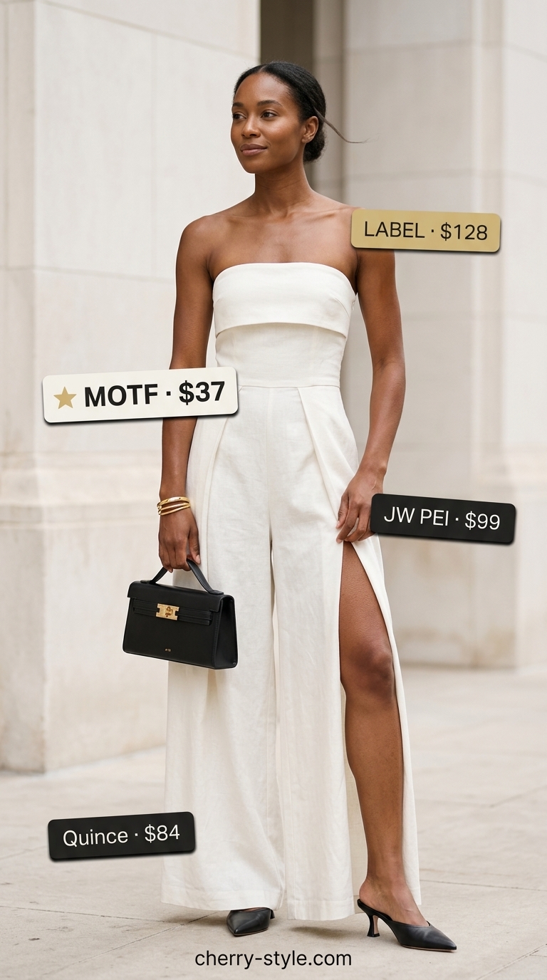 Ivory strapless linen jumpsuit with tapered legs, styled with black kitten heels and a structured black bag for city chic.