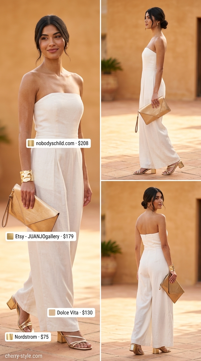 Ivory Resort Escape: Ivory satin strapless linen jumpsuit, gold cuff, bronze clutch, metallic sandals for evenings 2026.