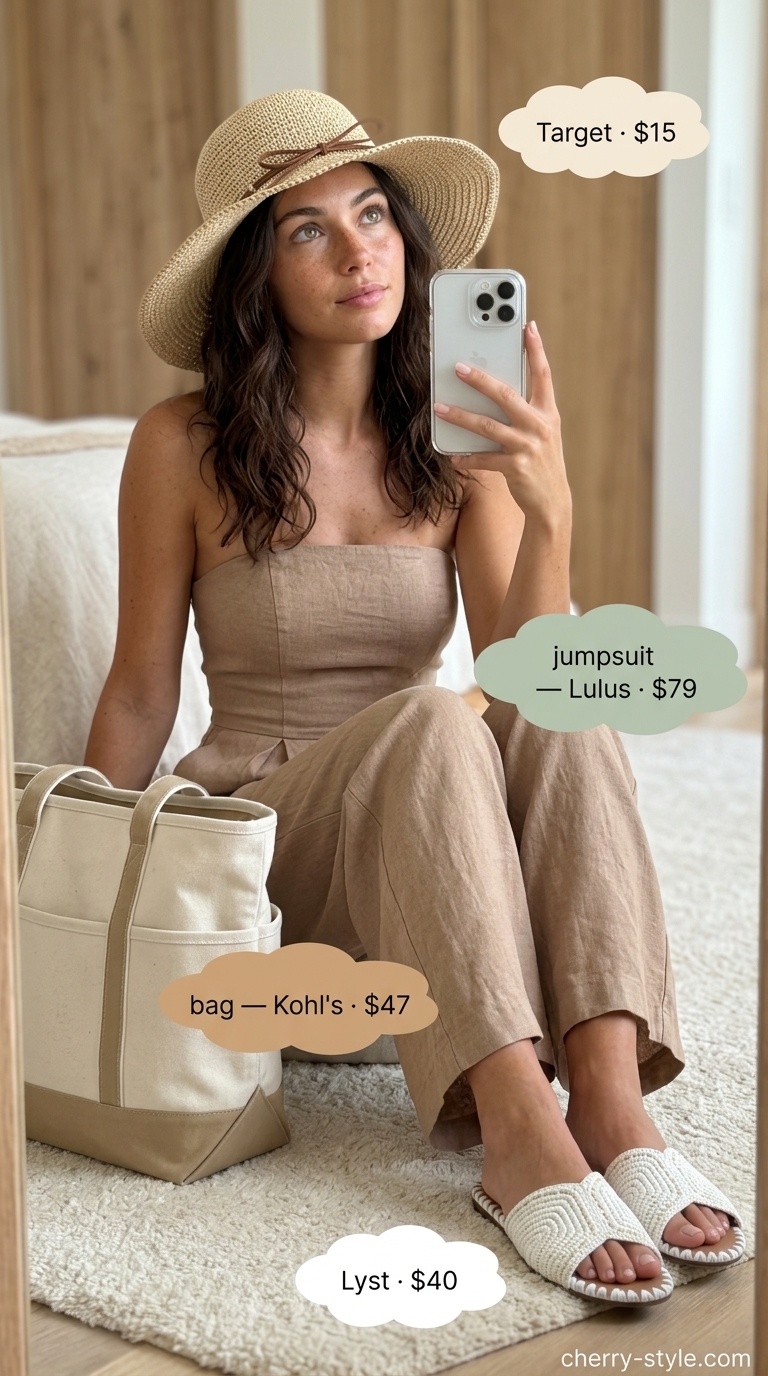 Sage green strapless linen jumpsuit for a lakeside retreat, styled with a straw hat and woven tote. Serene summer outfit.