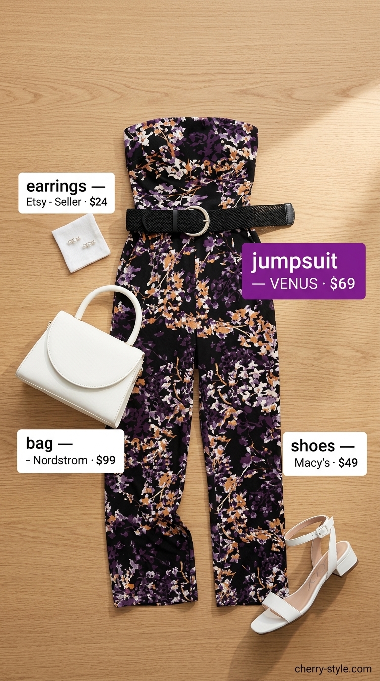 Lavender Garden Party: Lavender floral strapless linen jumpsuit, silver earrings, white sandals for celebrations 2026.