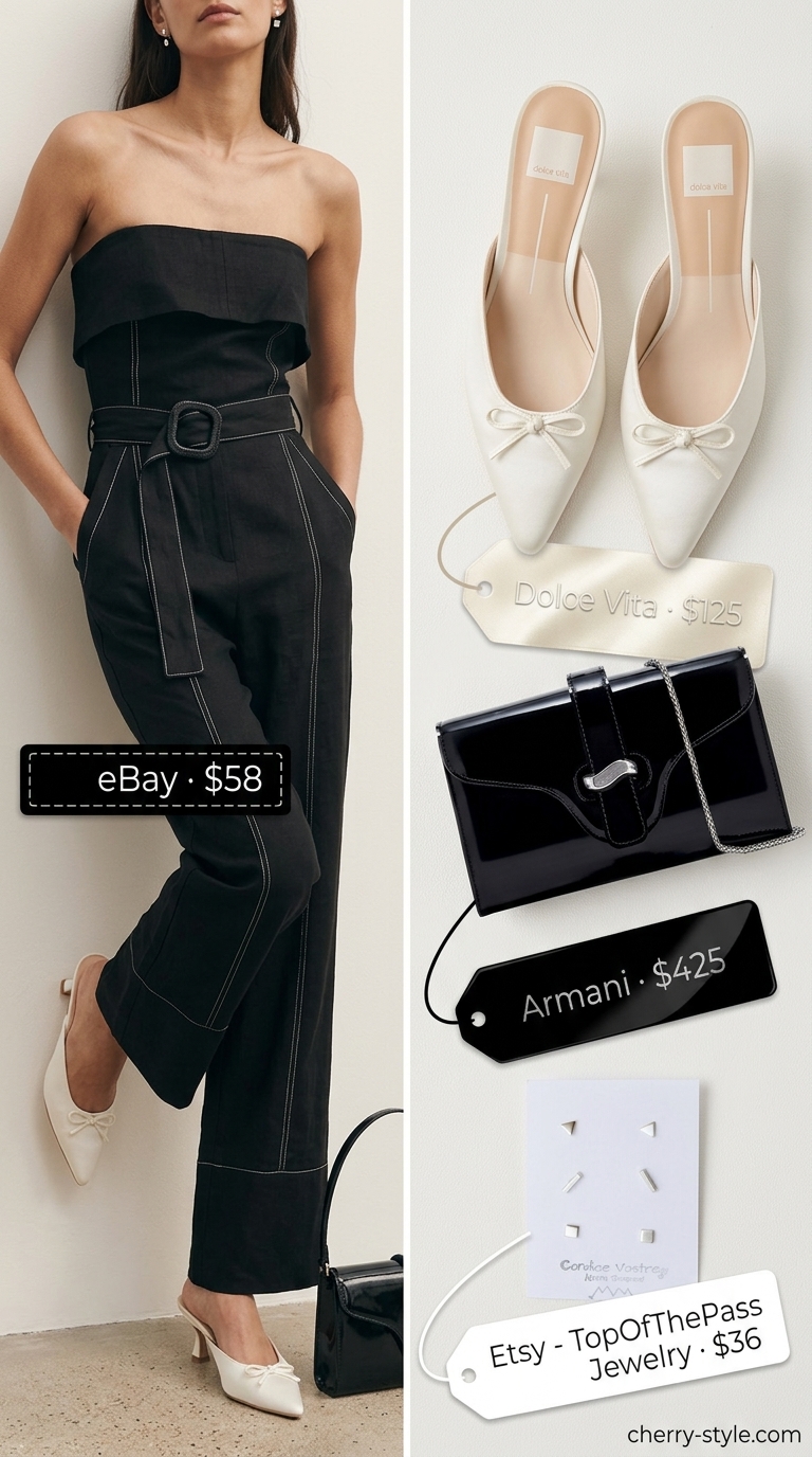 Black strapless linen jumpsuit for evening cocktails, styled with pointed mules and a mini shoulder bag. Chic and modern.