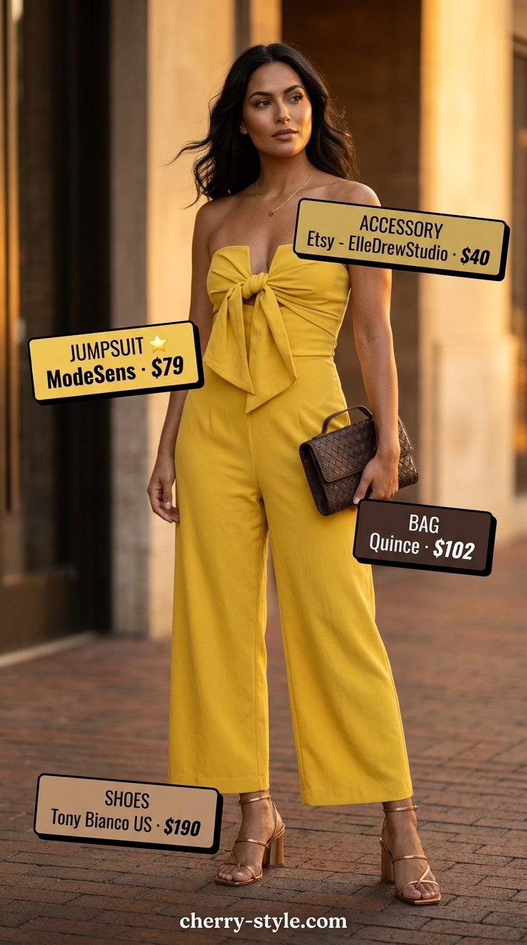 Mustard yellow strapless linen jumpsuit for sunset dinner, paired with metallic sandals and a structured clutch. Warm and inviting.