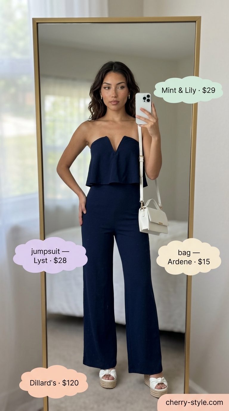 Nautical Riviera Escape: Navy strapless linen jumpsuit, white crossbody bag, red scarf, espadrilles for yacht parties 2026.