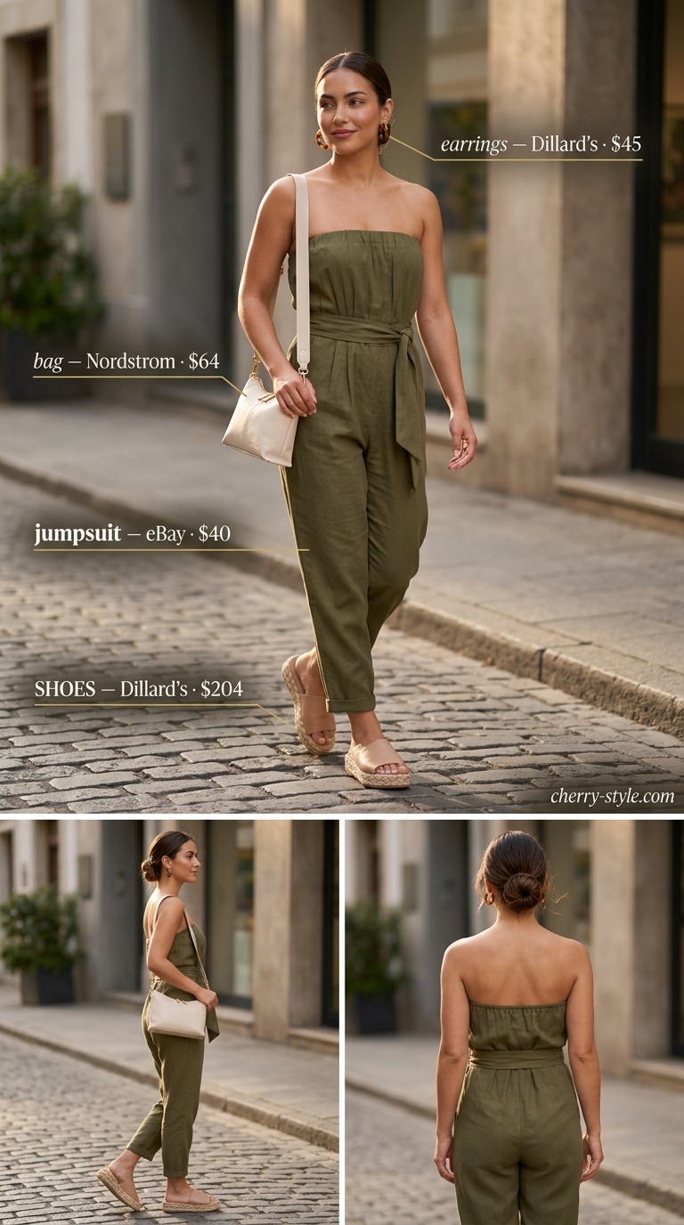 Olive Green Gallery Wanderer: Utility strapless linen jumpsuit, tortoise earrings, brown slides for creative events 2026.