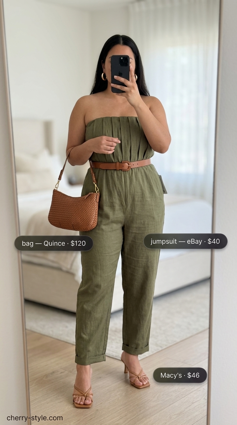 Olive green strapless linen jumpsuit for vacation dinner, styled with leather sandals and a woven crossbody bag. Adventurous chic.
