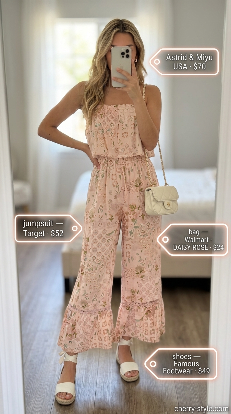 Blush pink strapless linen jumpsuit with cropped wide legs, styled with white espadrilles and a mini crossbody bag for a sweet date look.