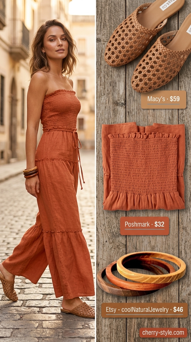 Terracotta orange strapless linen jumpsuit with tiered wide legs, paired with rattan bag and leather slides for a bohemian festival look.