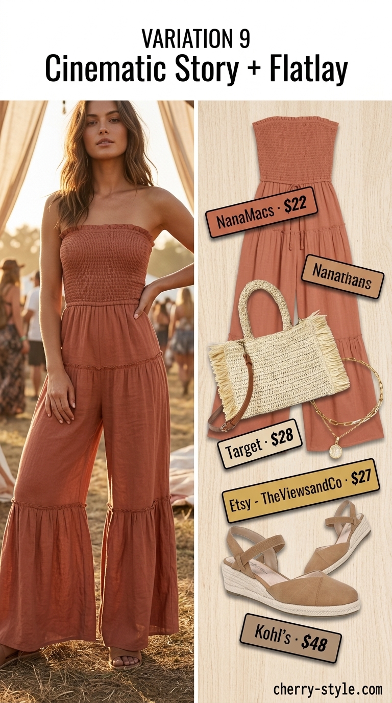 Terracotta strapless linen jumpsuit for a summer festival, styled with espadrilles, straw hat, and layered necklaces.
