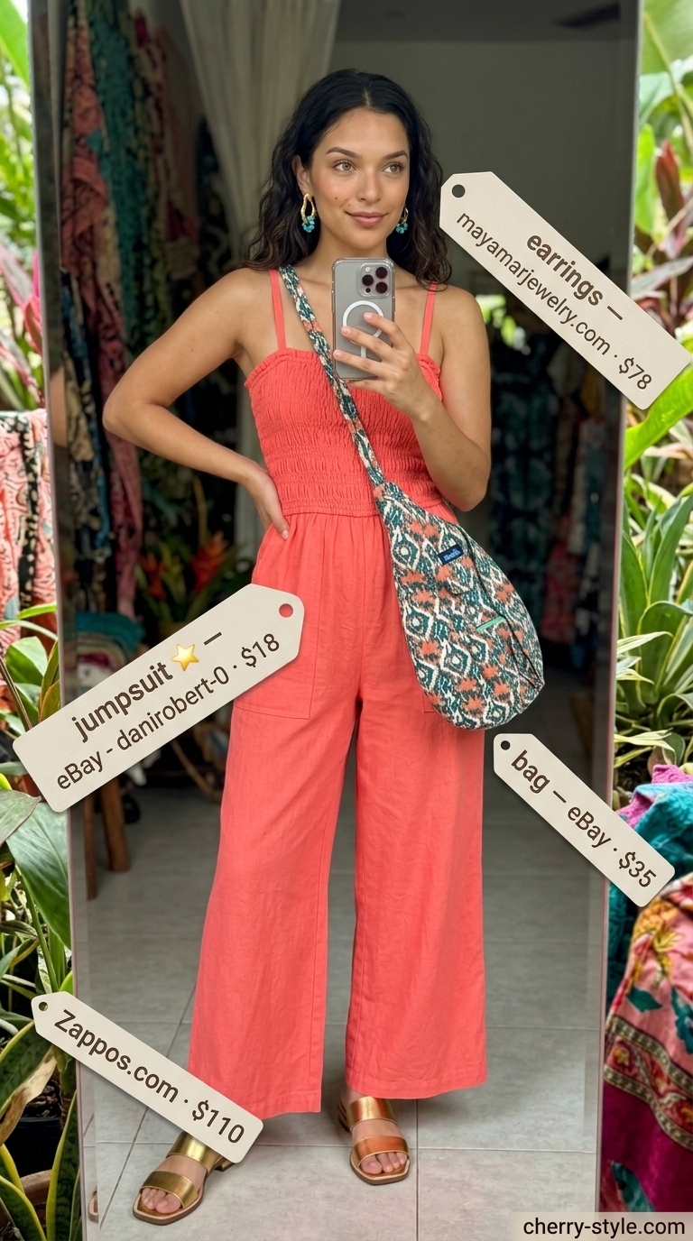 Bright coral strapless linen jumpsuit with smocked bodice, perfect for tropical vacations, paired with gold slides and beaded earrings.