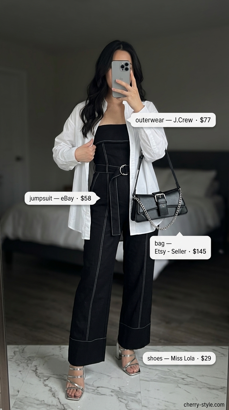Black strapless tapered linen jumpsuit worn with an open white shirt, silver mules, and shoulder bag for urban summer chic.