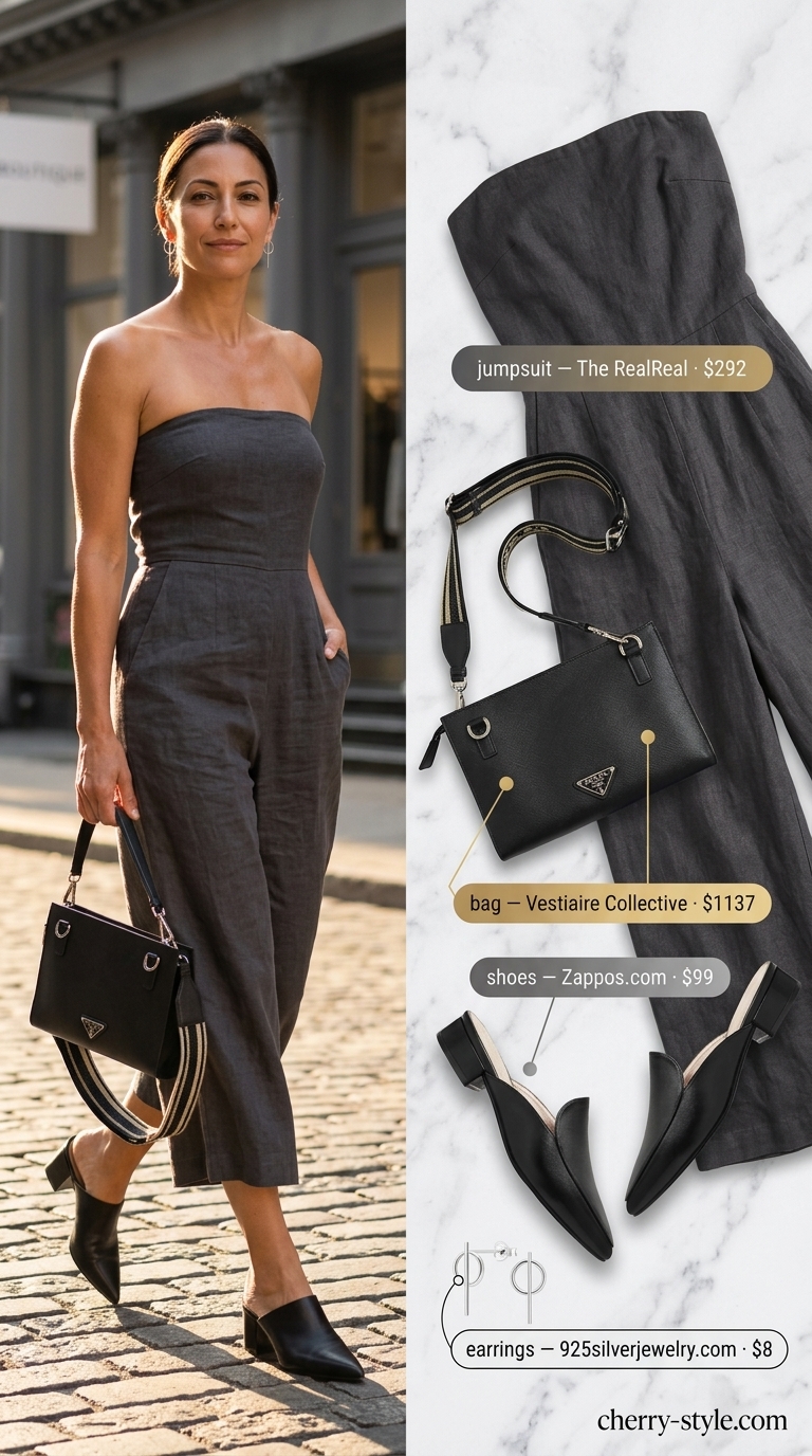 Urban Safari Chic: Charcoal grey strapless linen jumpsuit, silver earrings, black mules for city brunch 2026.