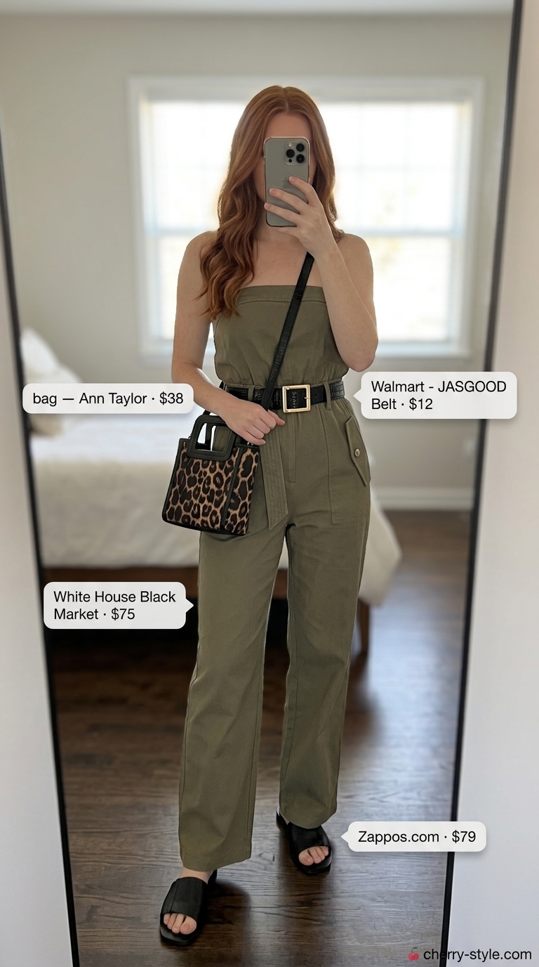 Khaki strapless utility linen jumpsuit with cargo pockets, styled with black slides and a leopard print bag for a weekend adventure.