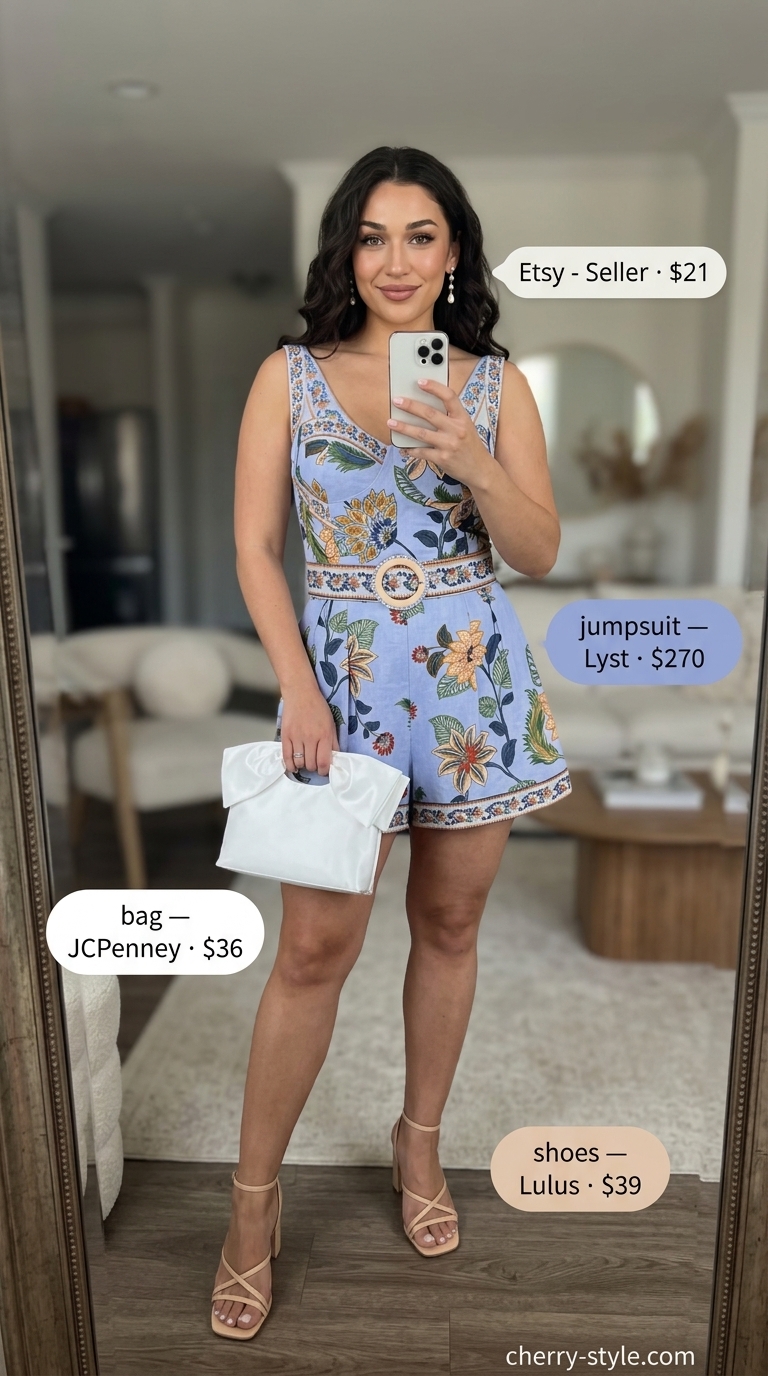 Whimsical Garden Party: Periwinkle floral strapless linen jumpsuit, pearl earrings, white clutch for weddings 2026.