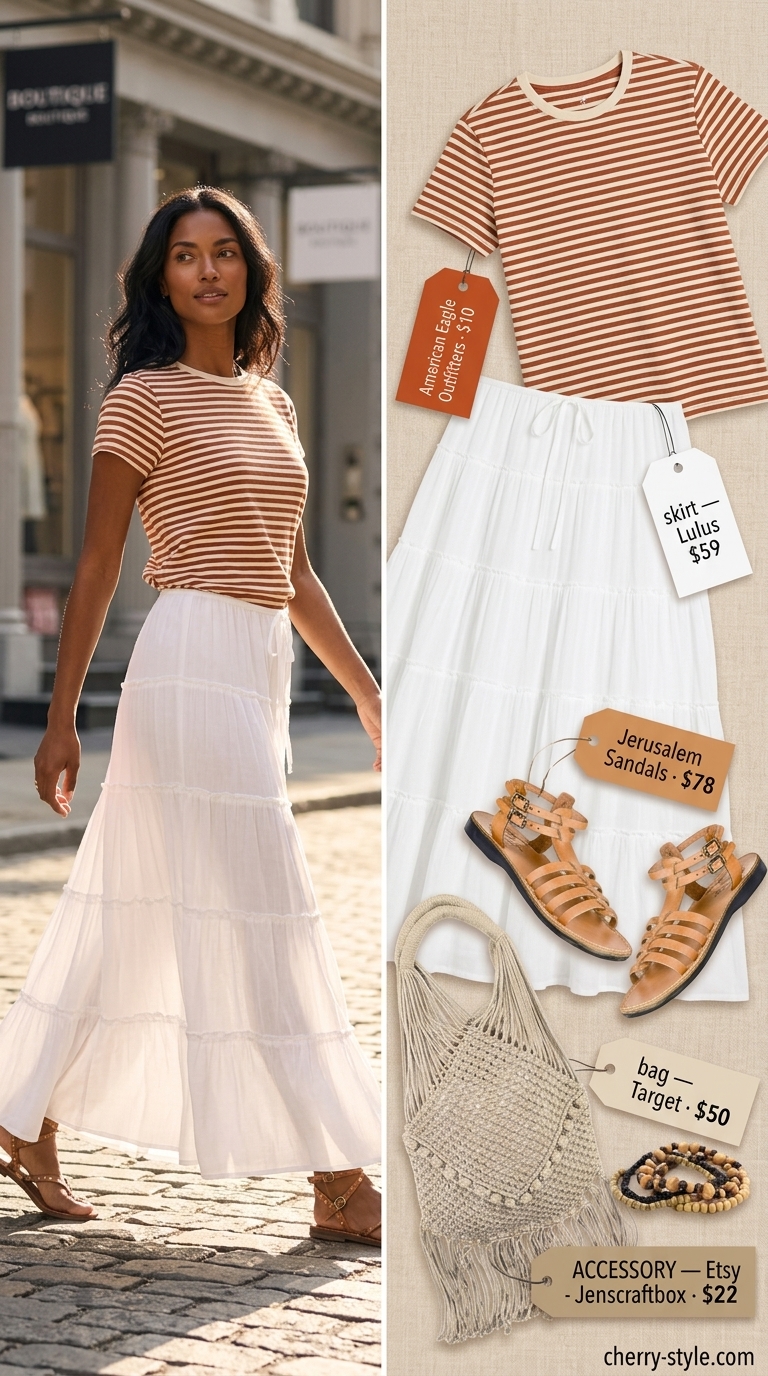 Boho sunset outfit with rust, cream, olive striped summer t-shirt, tiered maxi skirt, and gladiator sandals for music festivals.