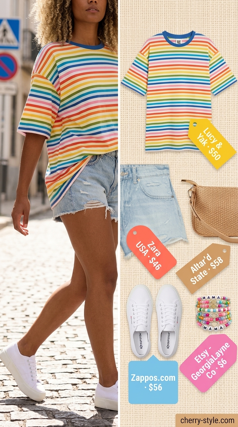 Festival fun outfit with rainbow striped summer t-shirt, denim shorts, and platform sneakers.