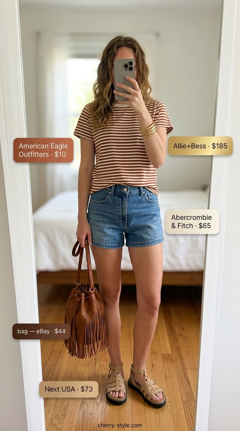Bohemian festival outfit with rust & cream striped summer t-shirt, denim shorts, and fringe crossbody bag.