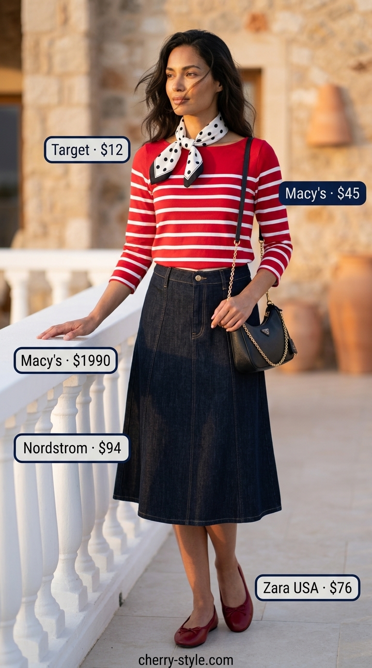 Chic Parisian outfit with red & white striped summer t-shirt, denim midi skirt, and red ballet flats.