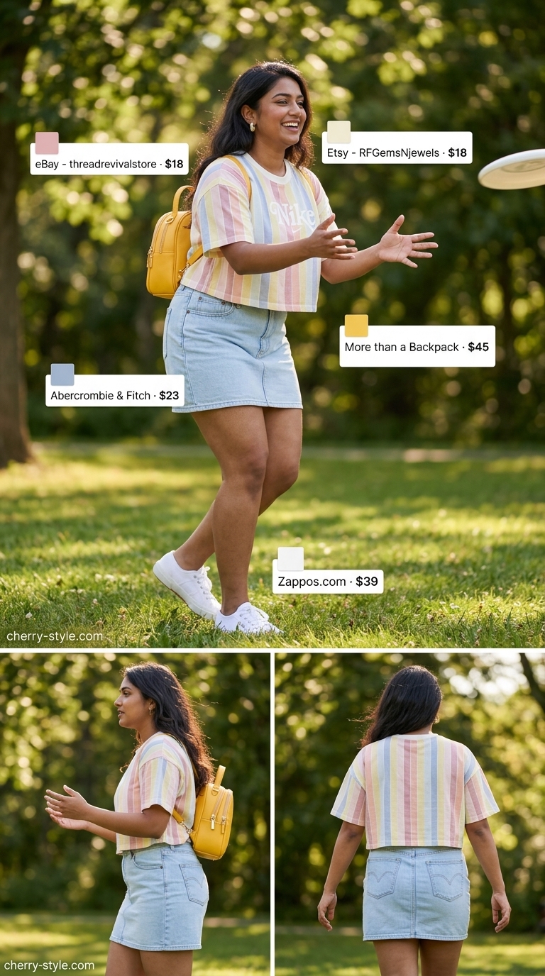 Playful pastel striped summer t-shirt outfit with denim mini skirt and sneakers for park days.
