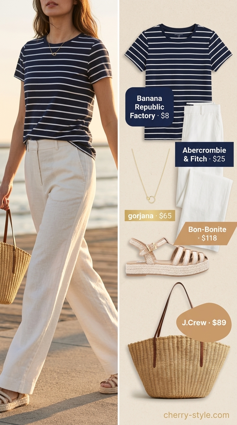 Coastal chic outfit with navy and white striped summer t-shirt, linen pants, and espadrilles for brunch.