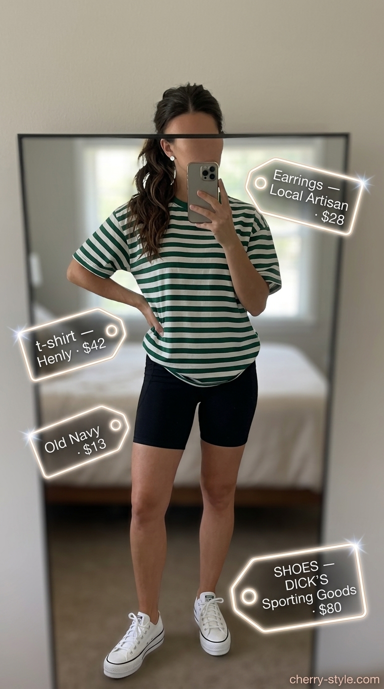Sporty city outfit with forest green striped summer t-shirt, biker shorts, and chunky sneakers.