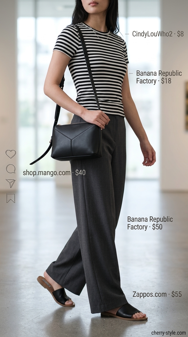 Modern urban outfit with black & white striped summer t-shirt, wide-leg trousers, and minimalist sandals.