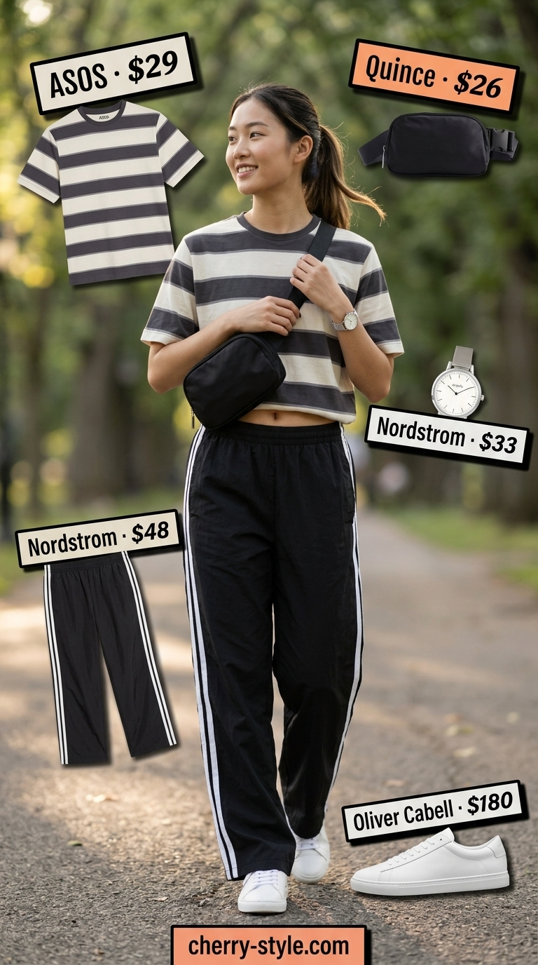 Striped summer t-shirt outfit for women 2026: Grey & white striped tee, black track pants, and white fashion sneakers.