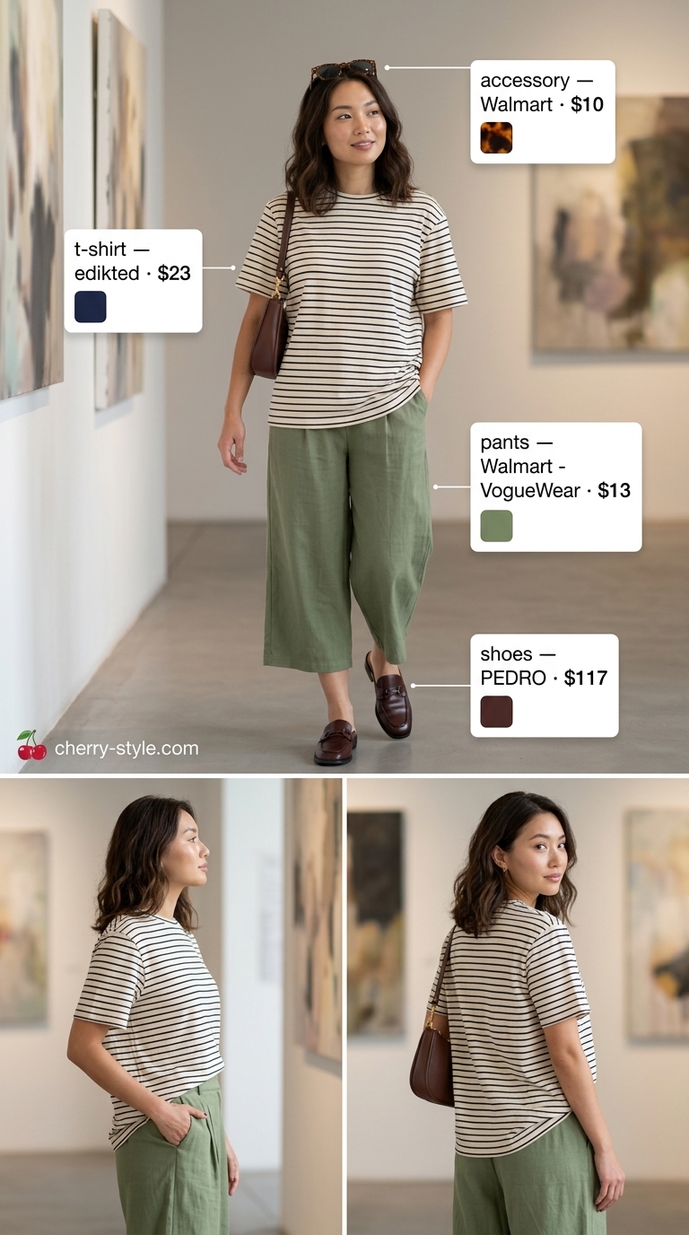 Striped summer t-shirt outfit for women 2026: Abstract striped tee, olive green culottes, and brown leather loafers.