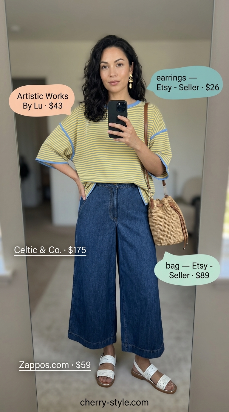 Striped summer t-shirt outfit for women 2026: Mustard yellow & teal tee with denim culottes and raffia bag.