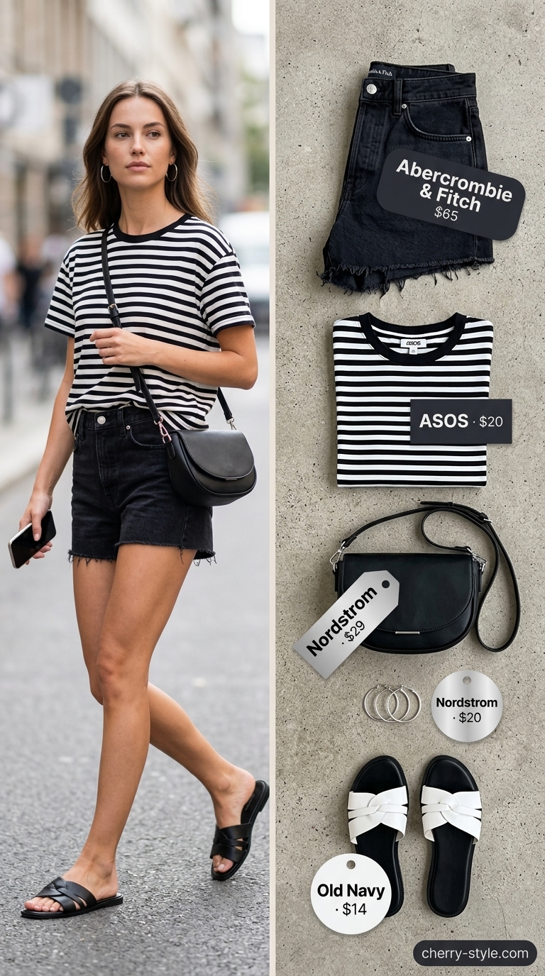 Striped summer t-shirt outfit for women 2026: Black denim shorts, relaxed striped tee, and black slides for a city stroll.