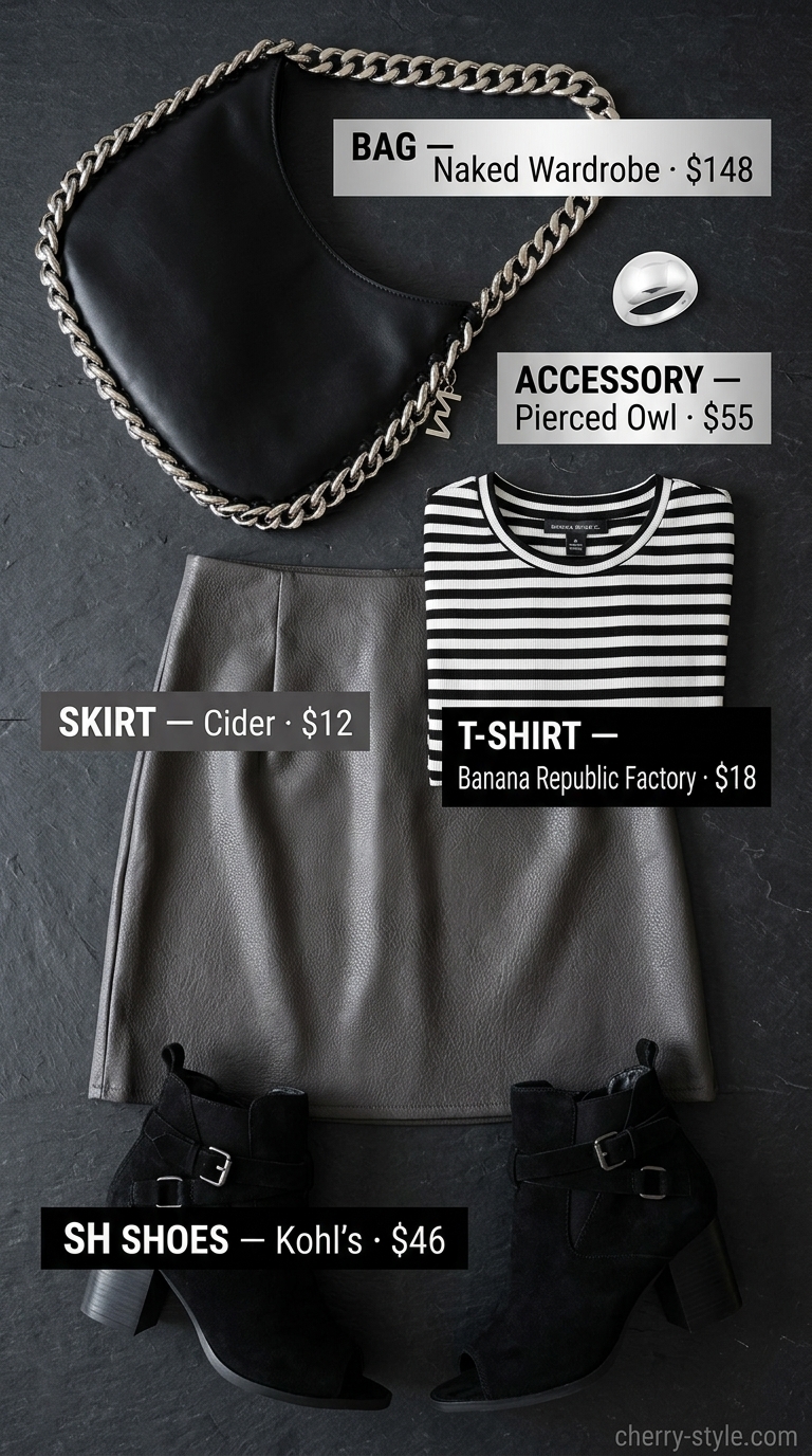 Striped summer t-shirt outfit for women 2026: Black faux leather mini skirt, black boots, and a black & white striped tee.