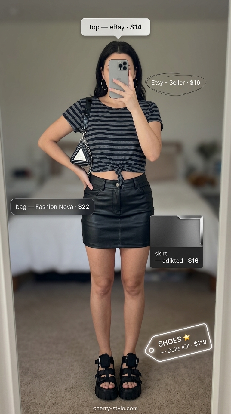 Striped summer t-shirt outfit for women 2026: Distressed tee with faux leather mini skirt and platform sandals.