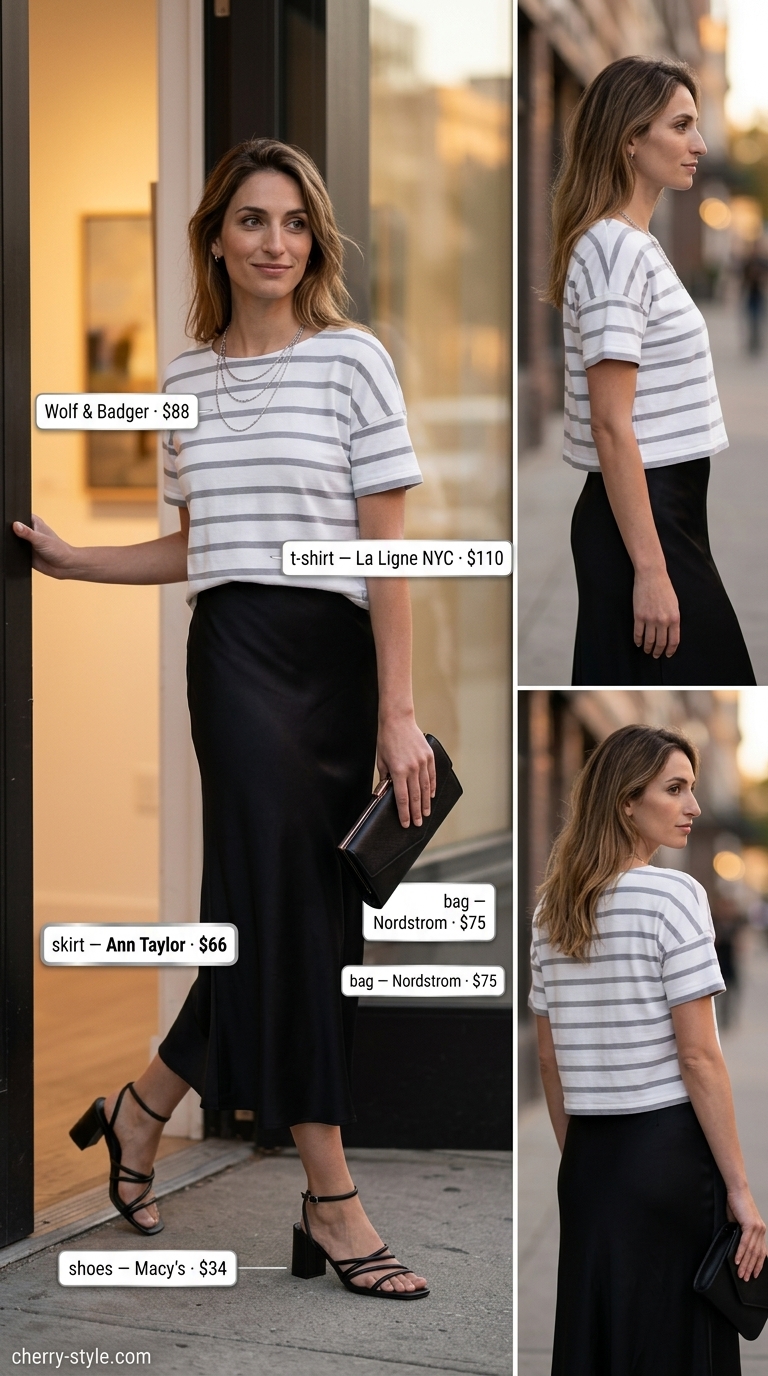 Striped summer t-shirt outfit for women 2026: Black satin midi skirt, grey & white striped tee, and block heel sandals.