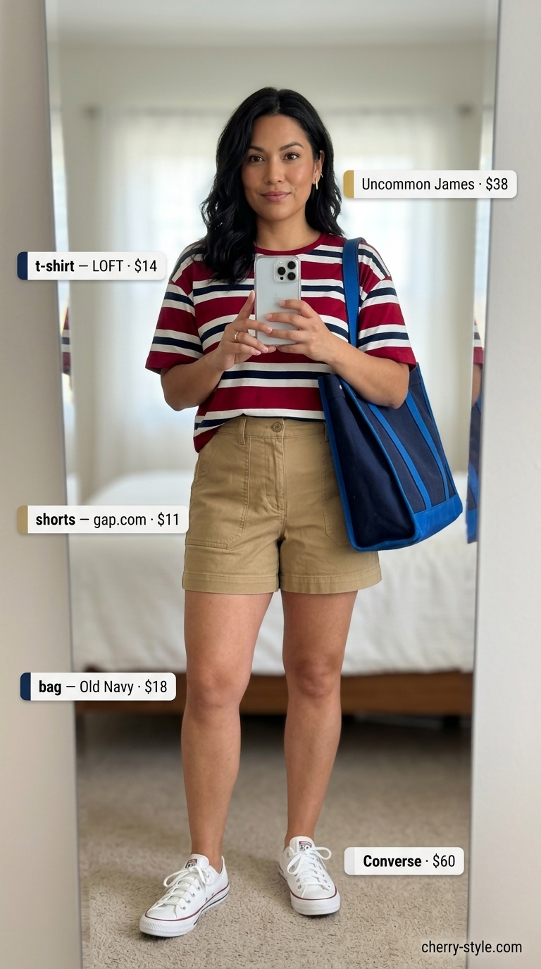 Striped summer t-shirt outfit for women 2026: Red & white striped tee, khaki shorts, and canvas sneakers for lakeside fun.