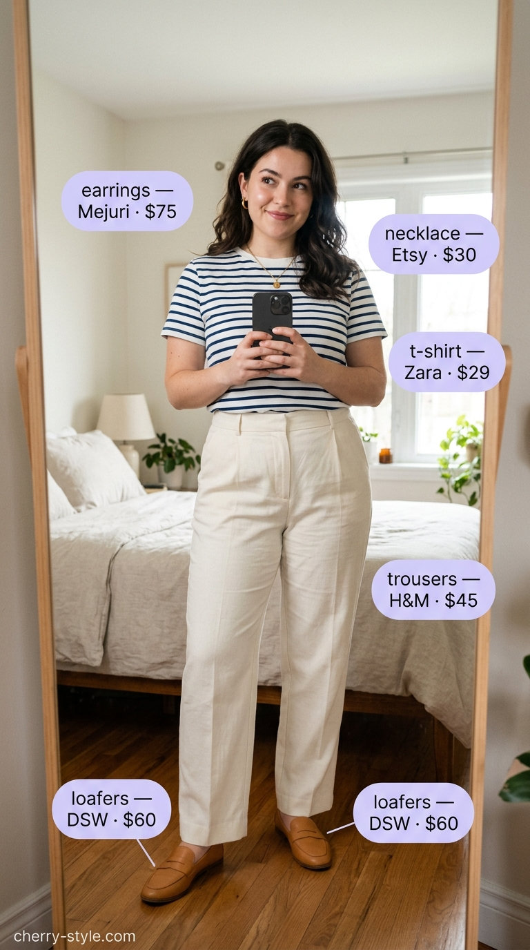 Striped summer t-shirt outfit for women 2026: Beige & black tee with midi skirt and structured bag.