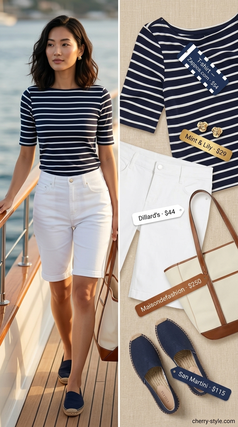 Striped summer t-shirt outfit for women 2026: Navy & white tee with white denim shorts and espadrilles.