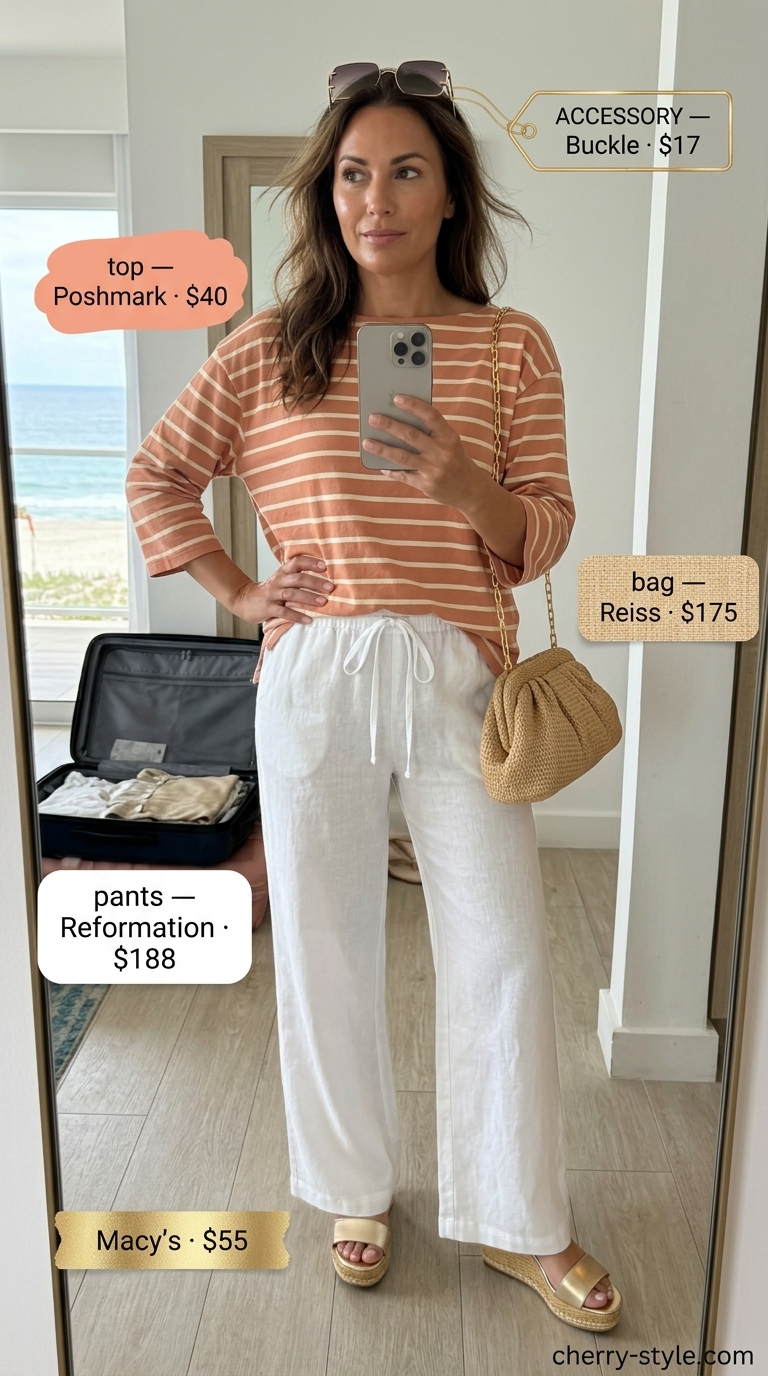 Striped summer t-shirt outfit for women 2026: Coral & cream striped tee, linen pants, and gold espadrilles for resort glam.