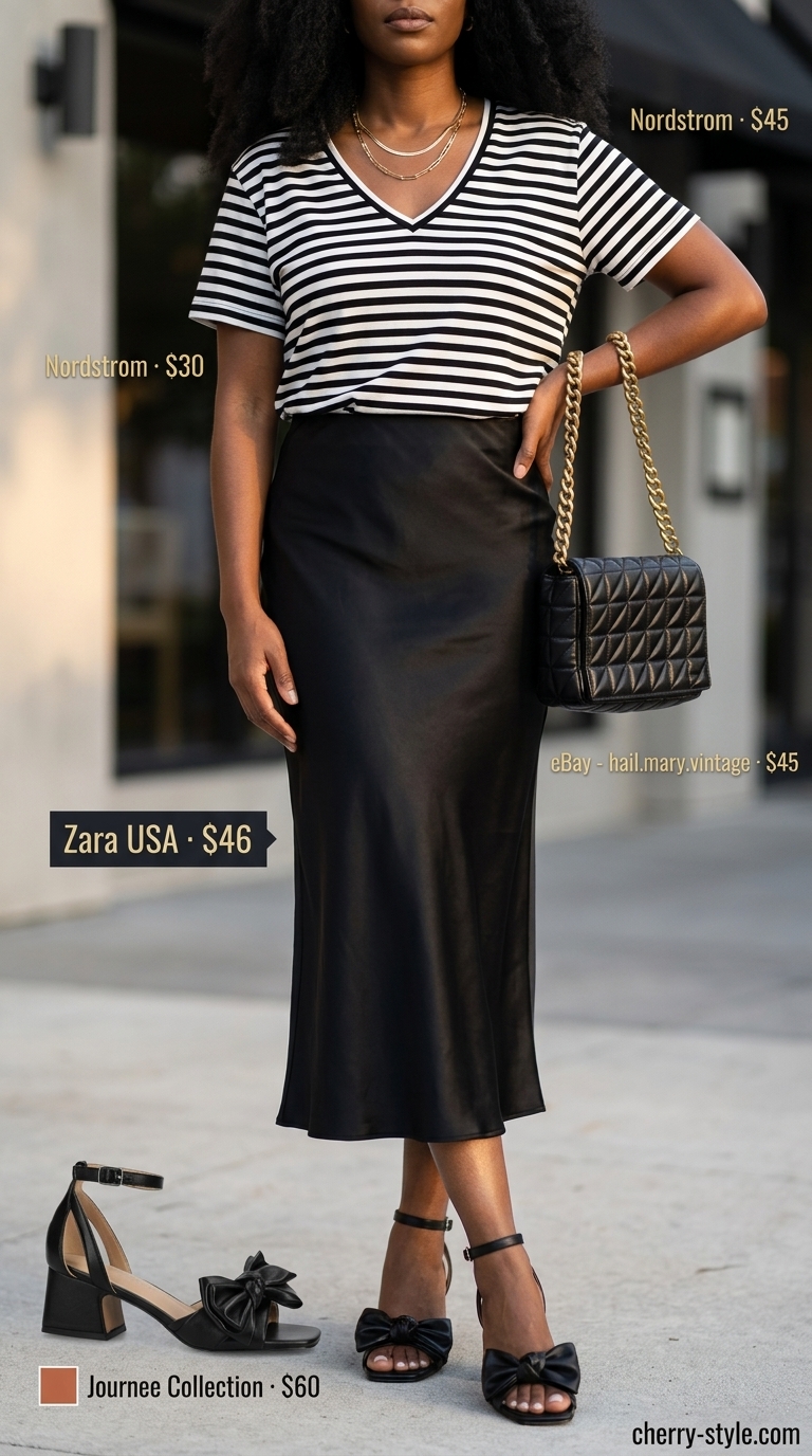 Striped summer t-shirt outfit for women 2026: Cream & black tee with satin midi skirt, gold jewelry.