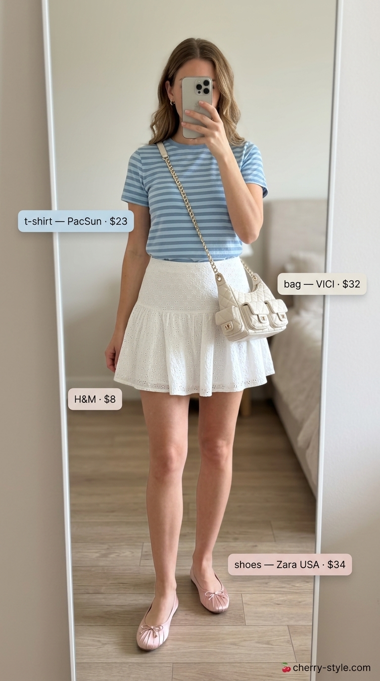 Striped summer t-shirt outfit for women 2026: Sky blue & white tee with A-line mini skirt and ballet flats.