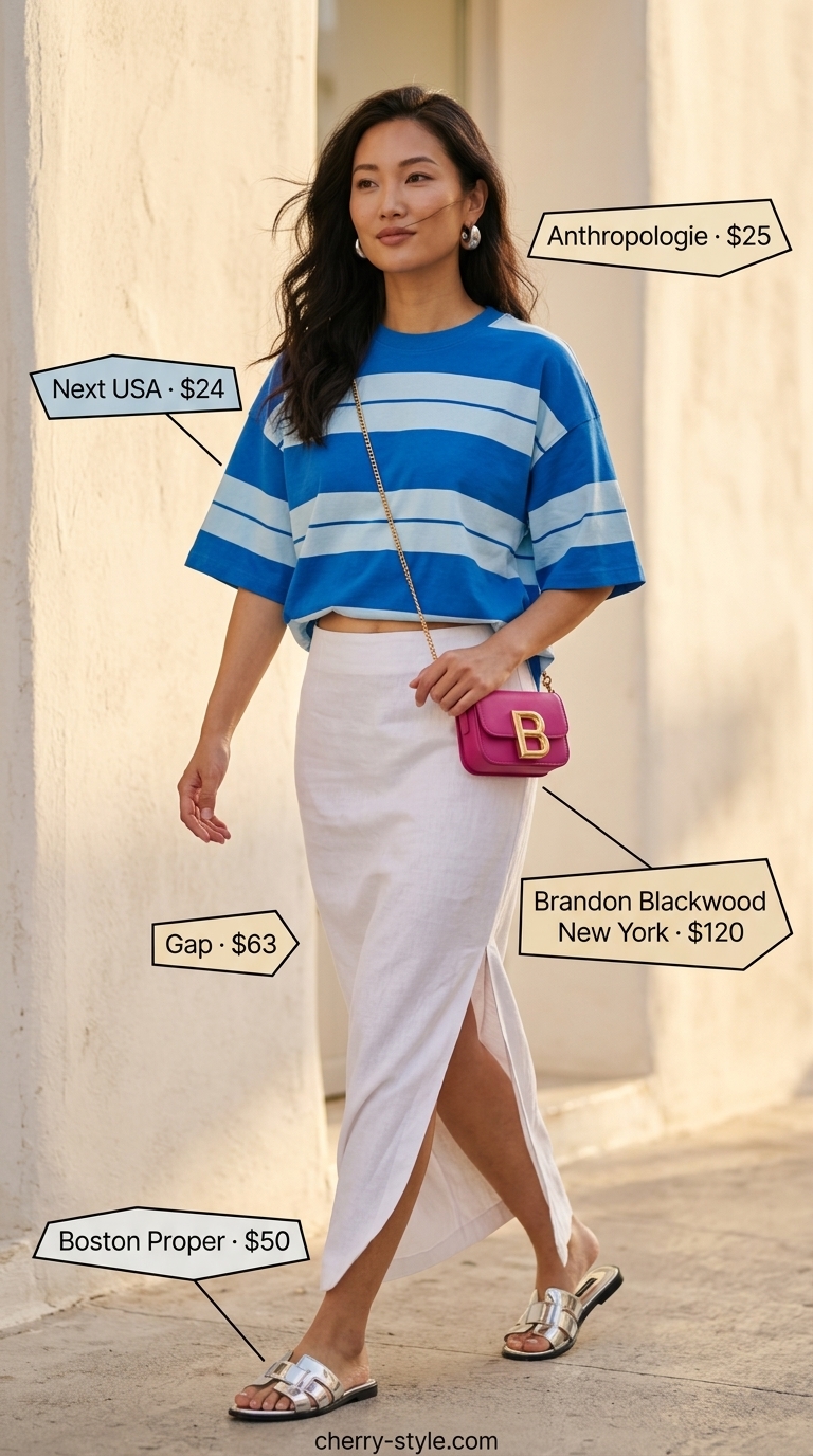 Striped summer t-shirt outfit for women 2026: Cobalt blue & white tee with maxi skirt and silver sandals.