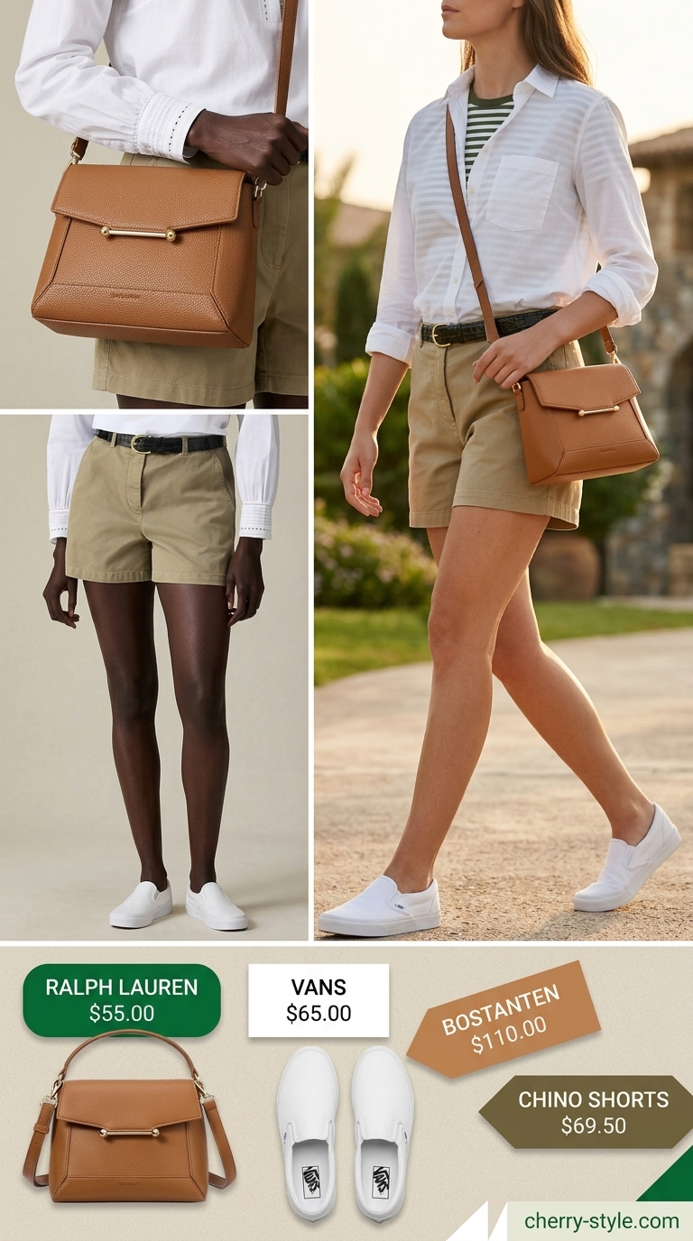 Striped summer t-shirt outfit for women 2026: Green & white striped tee, khaki shorts, and white slip-on sneakers.