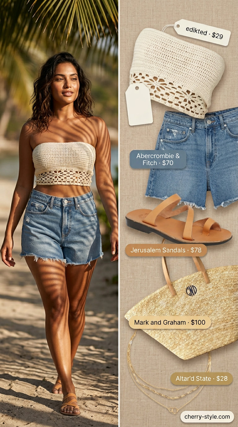 Boho summer Bandeau top for women 2026: Cream crochet bandeau with distressed denim shorts and layered necklaces.